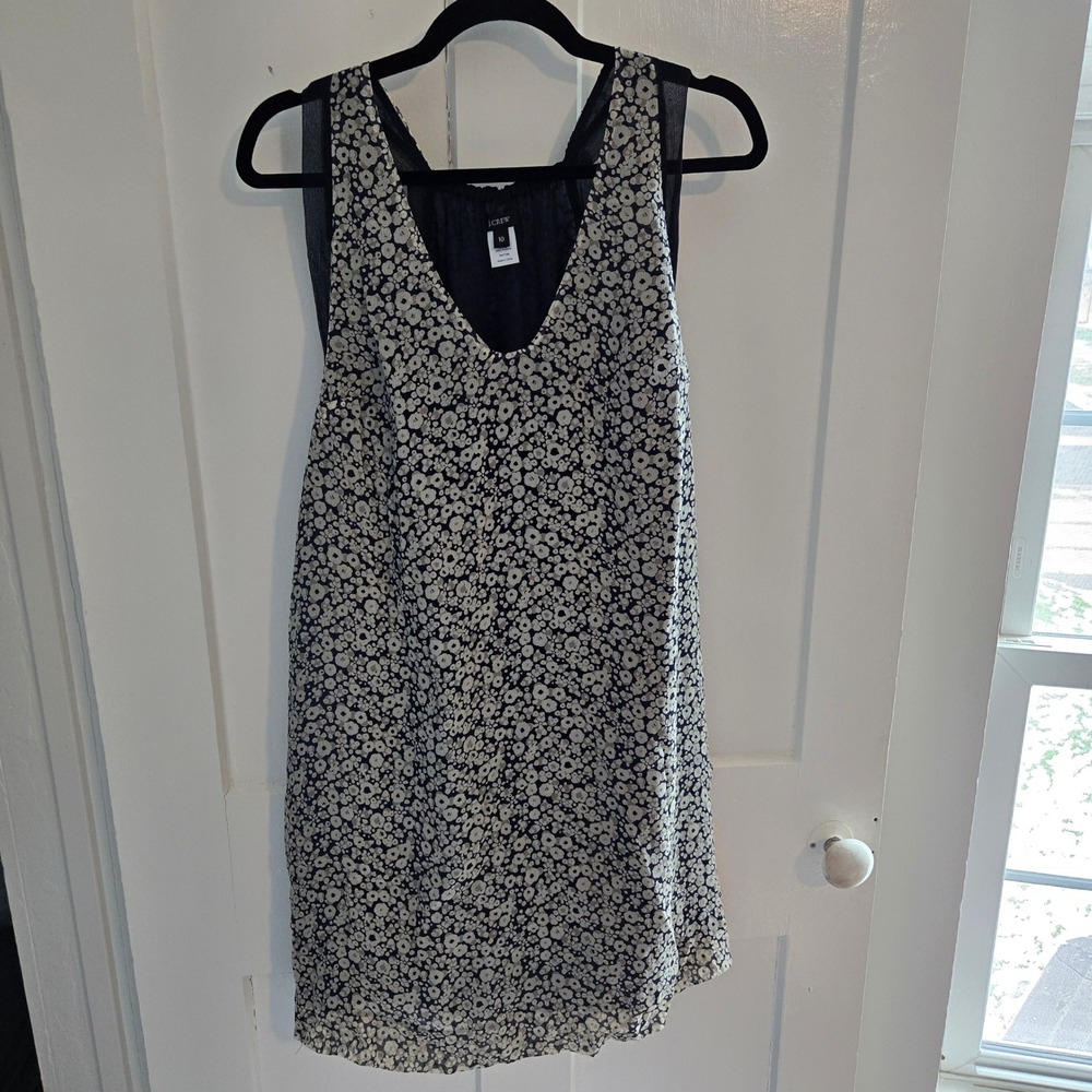 J. Crew Navy Cream Floral V-Neck Racer Back‎ Silk Dress, Size 10, Navy Lining